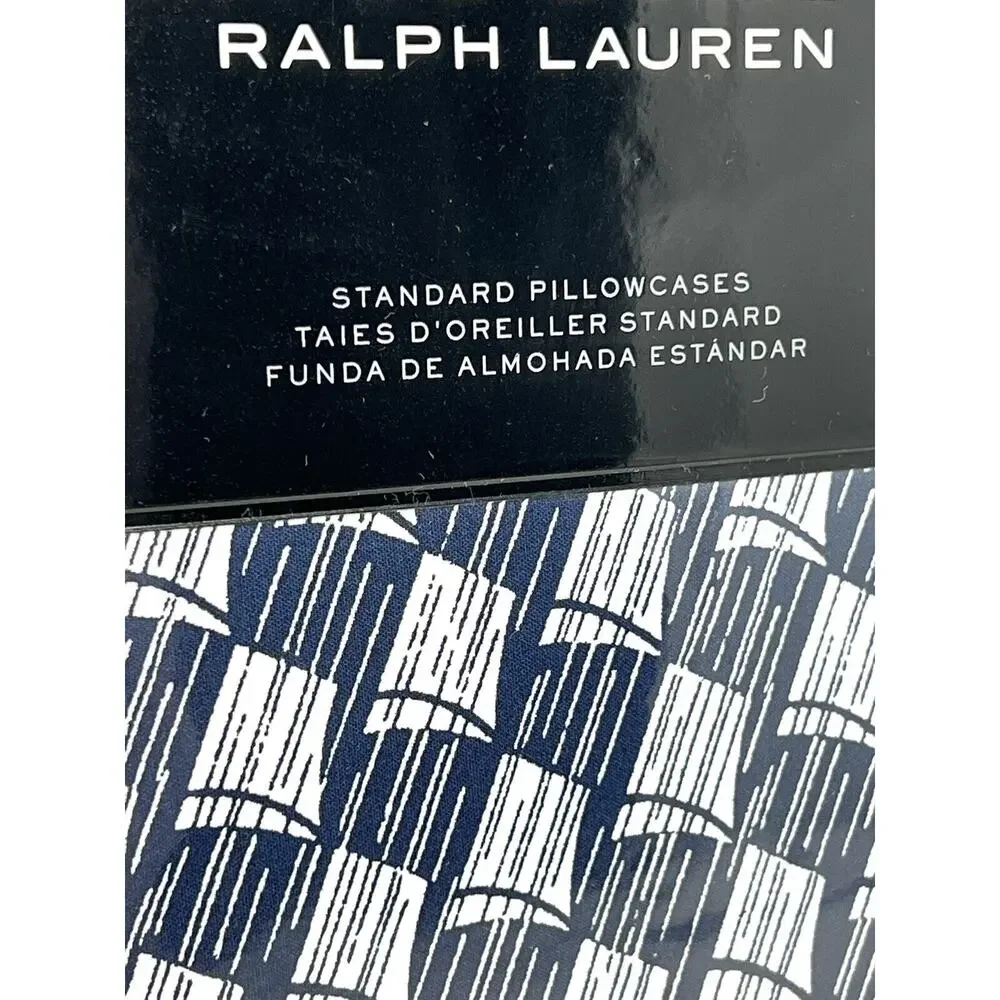 Ralph Lauren Casey Standard Pillowcases Navy Blue Cream PAIR Sails Nautical Geo